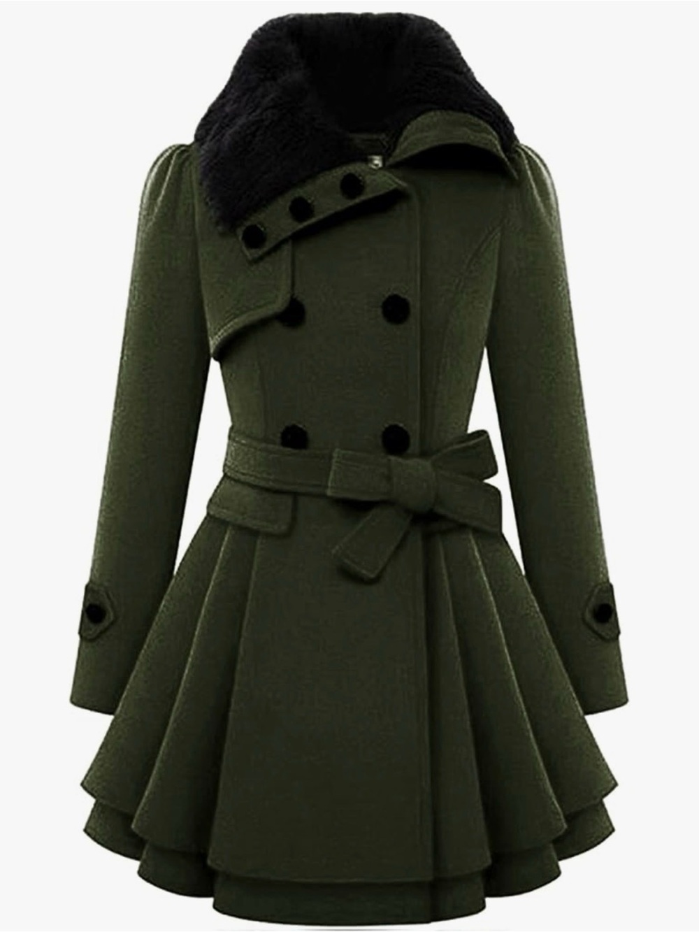 zeagoo Olive Green Trench Coat with Black Faux Fur Collar